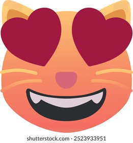 Gato sorridente com ícone emoji de olhos de coração. Cores da moda, elemento popular que transmite amor e carinho, amplamente utilizado nas redes sociais. Emoticon, elemento isolado.