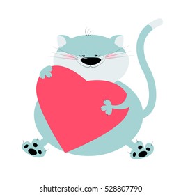 Smiling cat holding a heart in his paws. Card for Valentine's Day. Vector cartoon