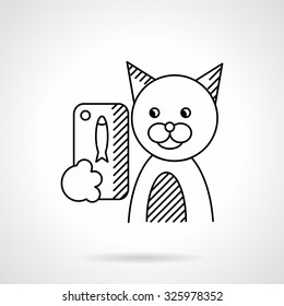 Smiling cat holds phone with fish and taking selfie. Flat line vector icon. Modern animals and pets lifestyle. Design symbols for business and website.