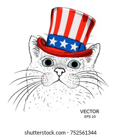 A smiling cat  in old American hat with a flag. National Symbols of the USA. Vector illustration 