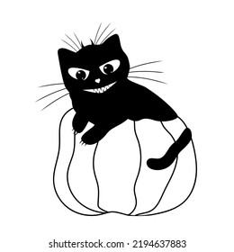 Smiling cat and pumpkin. Domestic kitten. Black silhouette of cats. Tatoo, print.