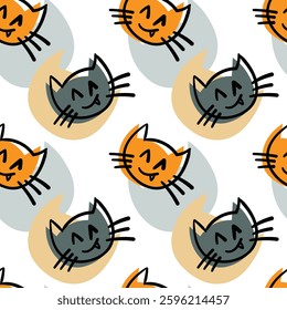 Smiling cat seamless pattern. Hand drawn seamless pattern.