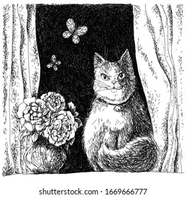 Smiling cat sit on the window. Roses and butterflies. Sketch style. Vector Illustration