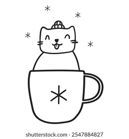 Smiling cat sitting in a coffee cup. Outline icon. Hand drawn vector illustration on white background.