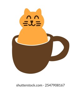 Smiling cat sitting in a cup. Flat design. Vector illustration on white background.