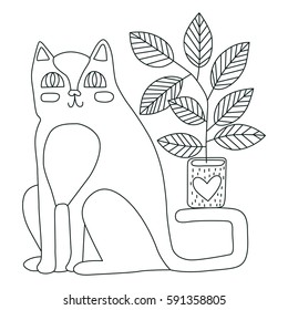 Smiling cat sitting with a flower pot 