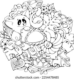 Smiling cat in zen doodle circle mandala with gemstone, Cartoon vector stock isolated illustration for cards, logo, children coloring books, pages, textile or wrapping paper printing