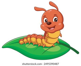 Smiling caterpillar on green leaf, happy, cartoon style. Perfect for children books, educational materials, nature themed designs, and animation projects.