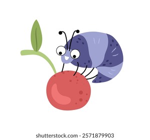 Smiling caterpillar sitting on cherry. Vector isolated funny creature with long segmented cylindrical body with stripes and pairs of legs. Larval stage of butterflies and moths with fruit