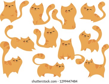 
Smiling cats in different poses, orange color with a small amount of round spots on the body, vector
