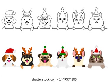 smiling cats and dogs with Christmas costumes border set