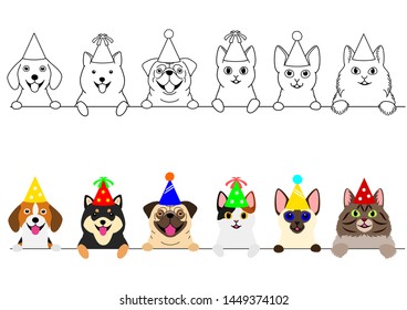 smiling cats and dogs with party hat border set