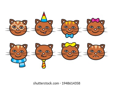 Smiling cats, group eight heads, fashion accessories, smiley, vector funny illustration