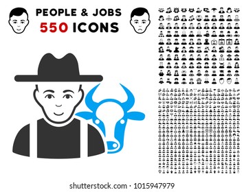 Smiling Cattle Farmer vector pictogram with 550 bonus pity and happy user graphic icons. Human face has happy feeling. Bonus style is flat black iconic symbols.