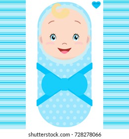 Smiling caucasian baby boy isolated on white background. Vector cartoon mascot. Holiday illustration to Birthday, Baby Shower.