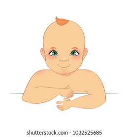 Smiling caucasian baby boy portrait. Toddler leaning over the edge. Coloured line art freehand drawing. Vector graphics illustration. 