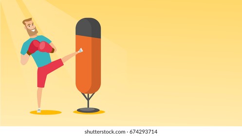 Smiling caucasian boxer man exercising with a boxing bag. Kickbox fighter hitting a heavy bag during training. Young boxer training with a punch bag. Vector flat design illustration. Horizontal layout