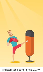 Smiling caucasian boxer man exercising with a boxing bag. Kickbox fighter hitting a heavy bag during training. Young boxer training with a punch bag. Vector flat design illustration. Vertical layout.