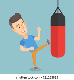 Smiling caucasian boxer man exercising with a boxing bag. Kickbox fighter hitting a heavy bag during training. Male boxer training with a punch bag. Vector flat design illustration. Square layout.