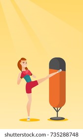 Smiling caucasian boxer woman exercising with a boxing bag. Kickbox fighter hitting a heavy bag during training. Young boxer training with a punch bag. Vector flat design illustration. Vertical layout
