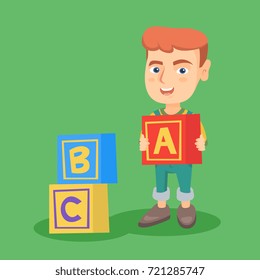 Smiling caucasian boy playing with alphabet cubes. Full length of little boy with alphabet cubes. Concept of development and education of children. Vector sketch cartoon illustration. Square layout.