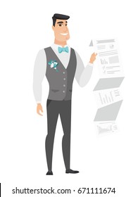 Smiling caucasian bridegroom in a wedding suit showing a document with presentation. Full length of young bridegroom giving a presentation. Vector flat design illustration isolated on white background