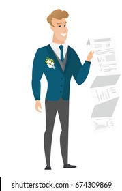 Smiling caucasian bridegroom in a wedding suit showing a document with presentation. Full length of young bridegroom giving a presentation. Vector flat design illustration isolated on white background