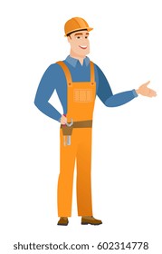 Smiling caucasian builder with his hand on tool belt with screwdriver and wrench. Full length of young happy builder wearing tool belt. Vector flat design illustration isolated on white background.