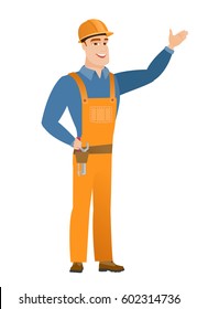 Smiling caucasian builder showing a direction. Full length of young builder pointing at something and showing a direction by his hand. Vector flat design illustration isolated on white background.