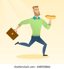 Smiling caucasian business man eating hot dog in a hurry. Business man eating on the run. Young business man running with briefcase and eating hot dog. Vector flat design illustration. Square layout.