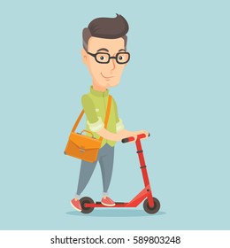 Smiling caucasian business man riding a kick scooter. Business man with briefcase riding to work on kick scooter. Business man on a kick scooter. Vector flat design illustration. Square layout.