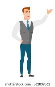 Smiling caucasian business man showing a direction. Full length of business man pointing at something and showing a direction by his hand. Vector flat design illustration isolated on white background.