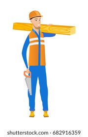 Smiling caucasian carpenter holding saw and wooden board. Full length of young cheerful carpenter with hand saw and wooden board. Vector flat design illustration isolated on white background.