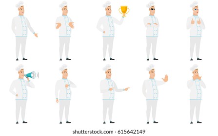 Smiling caucasian chef cook with his hand in his pocket. Full length of young chef cook holding his hand in the pocket of pants. Set of vector flat design illustrations isolated on white background.