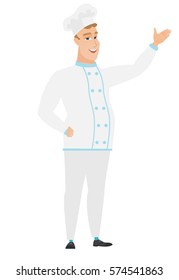 Smiling caucasian chef cook showing a direction. Full length of chef cook pointing at something and showing a direction by his hand. Vector flat design illustration isolated on white background.