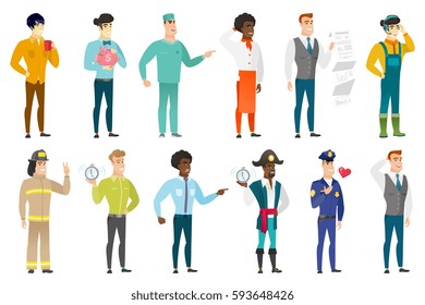 Smiling caucasian employee showing document with business presentation. Full length of young employee giving business presentation. Set of vector flat design illustrations isolated on white background