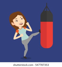 Smiling caucasian female boxer exercising with boxing bag. Female boxer hitting heavy bag during training. Female boxer training with the punch bag. Vector flat design illustration. Square layout.