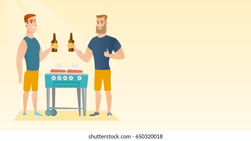 Smiling caucasian friends having a barbecue party. Friends preparing barbecue and drinking beer. Group of friends having fun at a barbecue party. Vector flat design illustration. Horizontal layout.