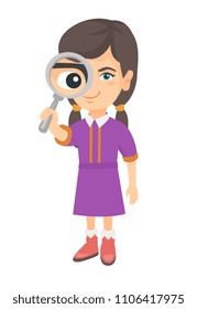 Smiling caucasian girl looking through a magnifying glass. Little girl holding a magnifying glass in front of her eye. Vector sketch cartoon illustration isolated on white background.