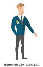 Smiling caucasian groom with hand in pocket. Full length of young happy groom in a wedding suit holding his hand in the pocket of pants. Vector flat design illustration isolated on white background.