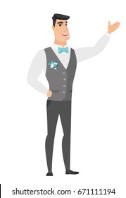 Smiling caucasian groom showing a direction. Full length of groom in a wedding suit pointing at something and showing a direction by hand. Vector flat design illustration isolated on white background.