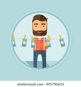 Smiling caucasian hipster businessman with the beard drying dollar bills on clothesline. Concept of illicit money laundering. Vector flat design illustration in the circle isolated on background.