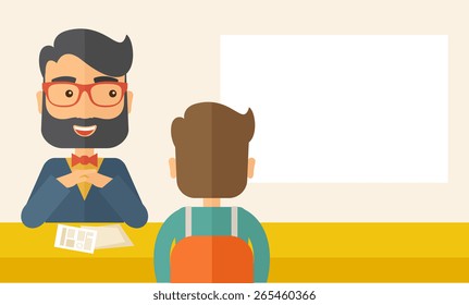 A smiling Caucasian human resource manager with beard interviewed the applicant with his curriculum vitae for the job vacancy.  Employment, recruitment concept. A contemporary style