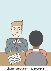 A smiling caucasian human resource manager interviewed the applicant with his curriculum vitae for the job vacancy. Employment concept. Vector line design illustration. Vertical layout with a text