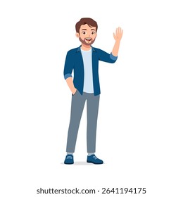 Smiling Caucasian Man in Blue Shirt Waving Hello with a Hand Up and other Hand in Pocket