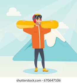 Smiling caucasian man carrying skis on his shoulders. Hipster sportsman holdong skis on the background of snow capped mountain. Young sportsman skiing. Vector flat design illustration. Square layout.