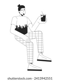 Smiling caucasian man chilling with drink black and white 2D line cartoon character. Relaxed guy holding cocktail cheers isolated vector outline person. Carefree monochromatic flat spot illustration