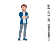 Smiling Caucasian Man with Crossed Arms in Full Length Standing Pose in Front View Illustration