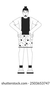 Smiling caucasian man with hands on hips black and white 2D line cartoon character. Summer outfit european guy isolated vector outline person. Bearded guy in power pose monochromatic spot illustration