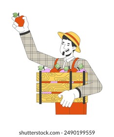 Smiling caucasian man picking apples 2D cartoon character. European male farmer with fruits crate isolated flat vector person white background. Garden harvest season color spot illustration
